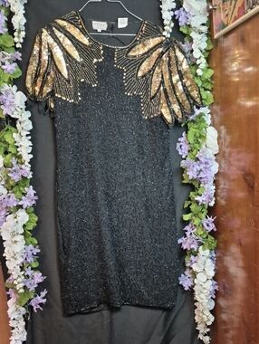 Stenay Black 100% Silk Mini Dress with Gold Sequin Shoulder Accents